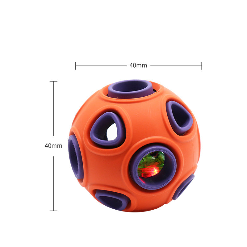 Orange and purple ball-shaped toy with dimensions on a white background
