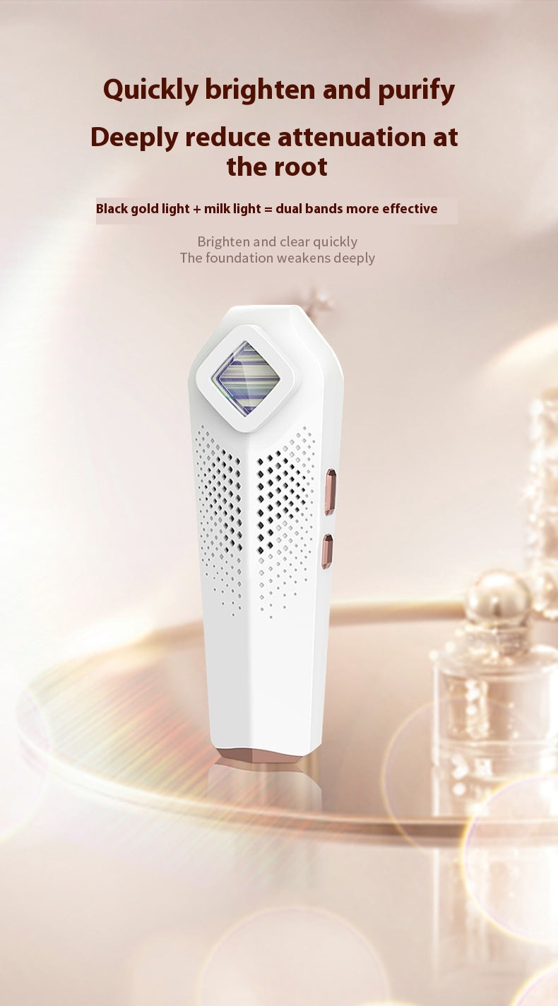 White electronic device on a reflective surface with text about light effects.