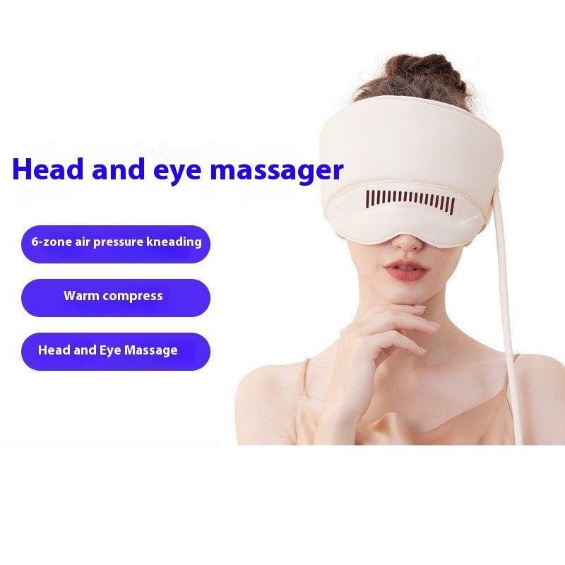 Head and eye massager worn by a person on a white background