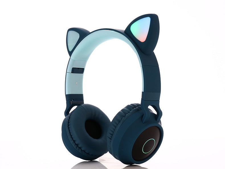 Bluetooth 5.0 Wireless Stereo Headphones - Blue headphones with cat ear design on a white background