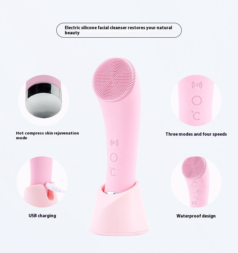 Electric Silicone Face Cleansing Brush, Vibration Heating
