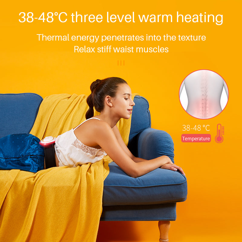 Woman relaxing on a couch with a heating pad, text about three-level warm heating.