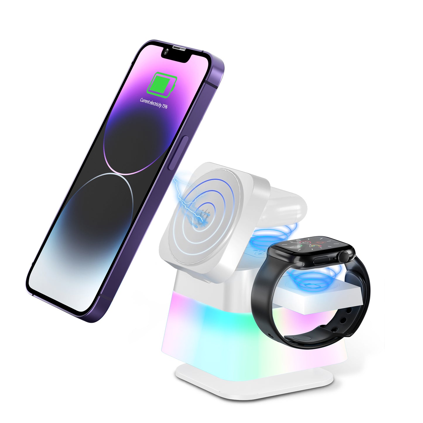 4-in-1 Rotatable Wireless Charging Stand with RGB Lights – Fast Magnetic Charger & Phone Holder for iPhone