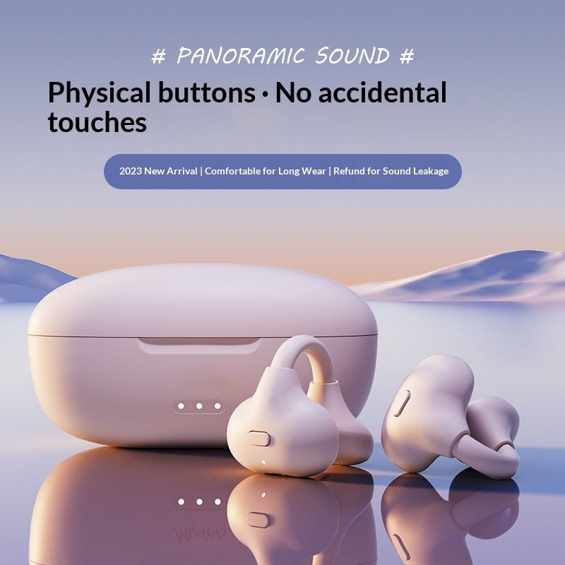 Ear Clip Bluetooth Wireless Headphones - White wireless earbuds with charging case on a reflective surface with a scenic background