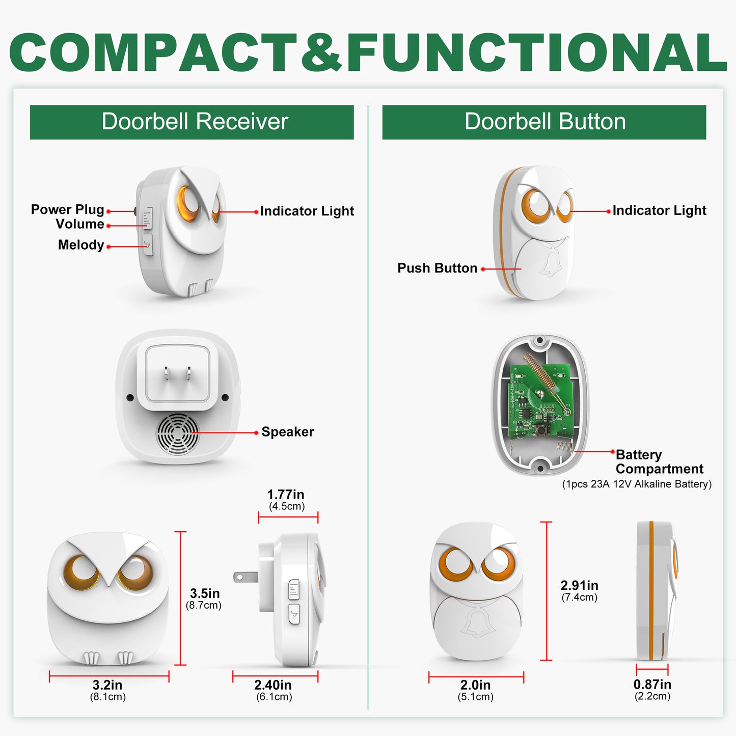 Owl Design Long-Distance Wireless Music Doorbell