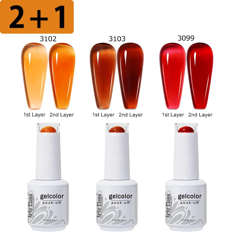 Three gel color bottles with nail samples showing a 2+1 offer.
