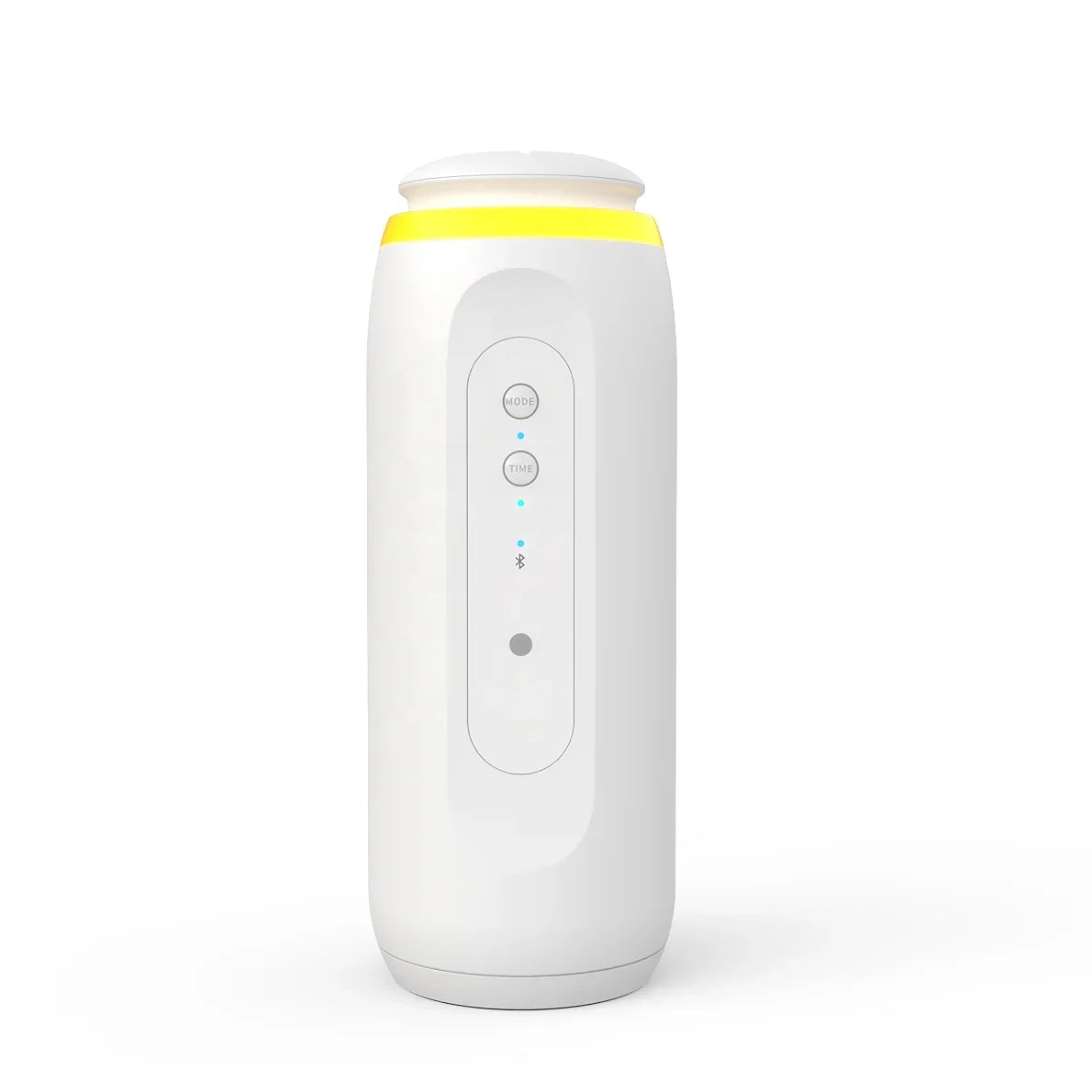 White electronic device with a yellow accent on a white background