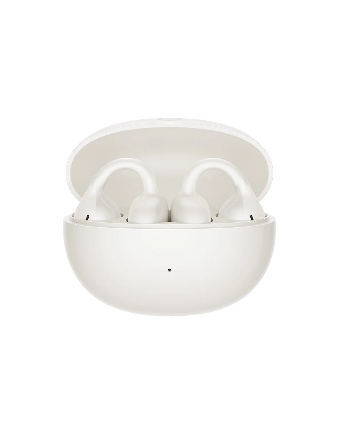 White wireless earbuds in a matching white case on a white background