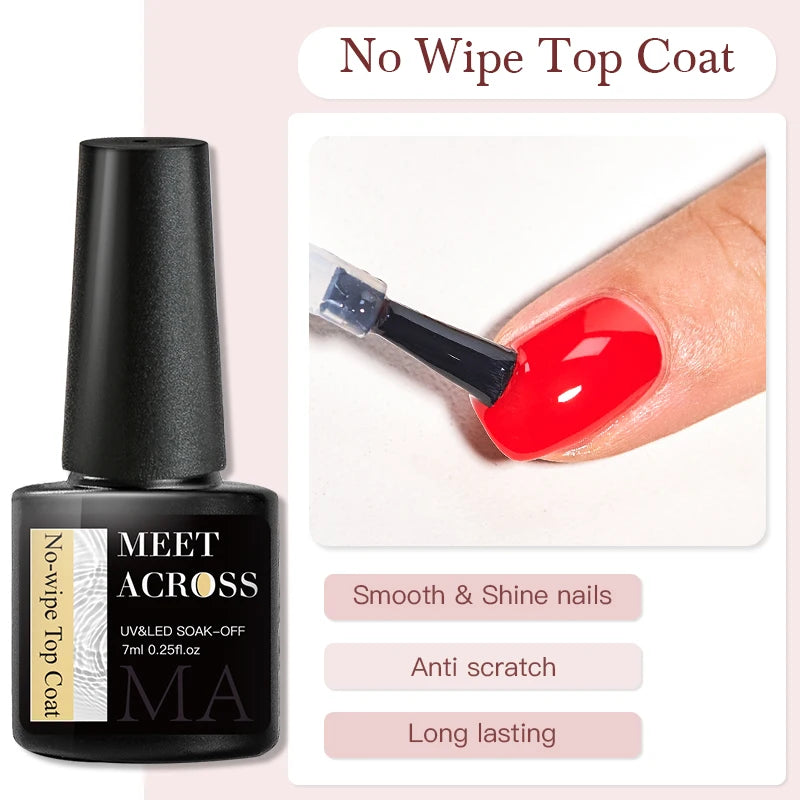 Black nail polish bottle labeled 'MEET ACROSS' with a close-up of a red nail being painted, on a light pink background.