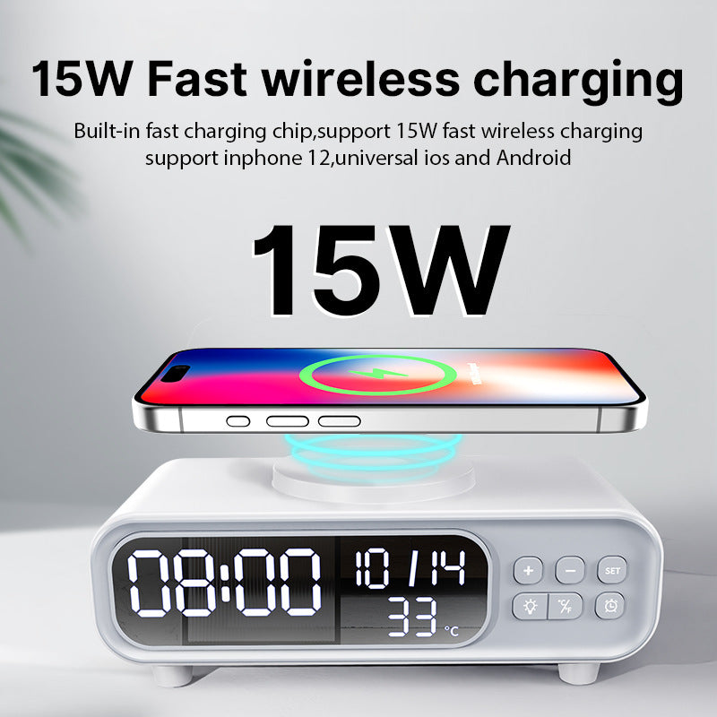 Wireless charging pad with digital clock displaying time, date, and temperature, featuring a smartphone on top.