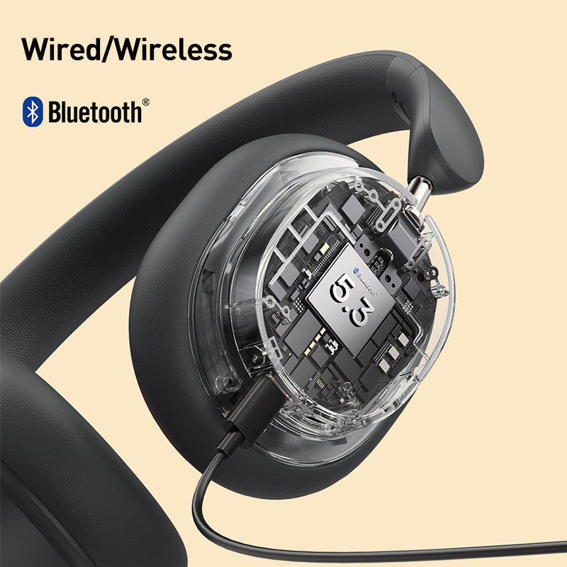 Universal Bluetooth Headset Music Device - Black headphones with a clear cover displaying electronic components on a beige background.