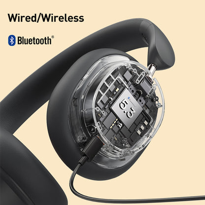 Universal Bluetooth Headset Music Device - Black headphones with a clear cover displaying electronic components on a beige background.