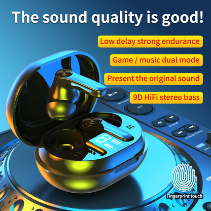 Low Latency Wireless Bluetooth Headset - Wireless earbuds with charging case on a blue background, featuring text about sound quality and features.