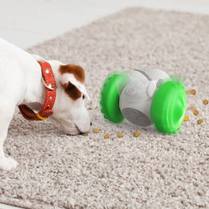Dog playing with a green and gray toy on a carpeted floor