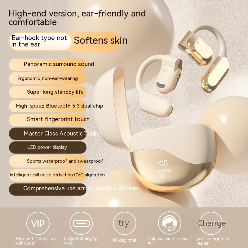 Wireless earbuds with features listed on a beige background