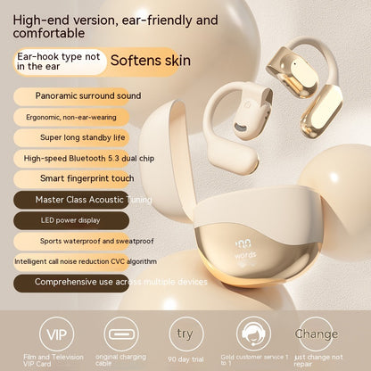 Wireless earbuds with features listed on a beige background