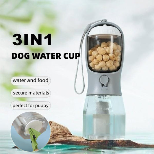 3-in-1 Portable Dog Water Bottle – Pet Cup with Food Container & Waste Bag Dispenser | Travel-Friendly Pet Accessory