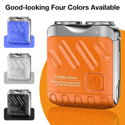 Portable shaver with orange body and other color options displayed.