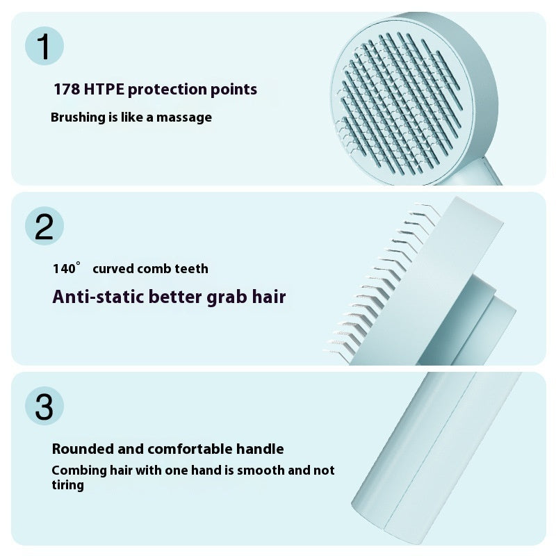 Hairbrush with features highlighted on a light blue background