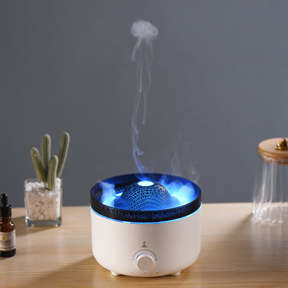 Volcano Flame Humidifier Aroma Diffuser -
Humidifier emitting steam on a wooden surface with a plant and bottle in the background