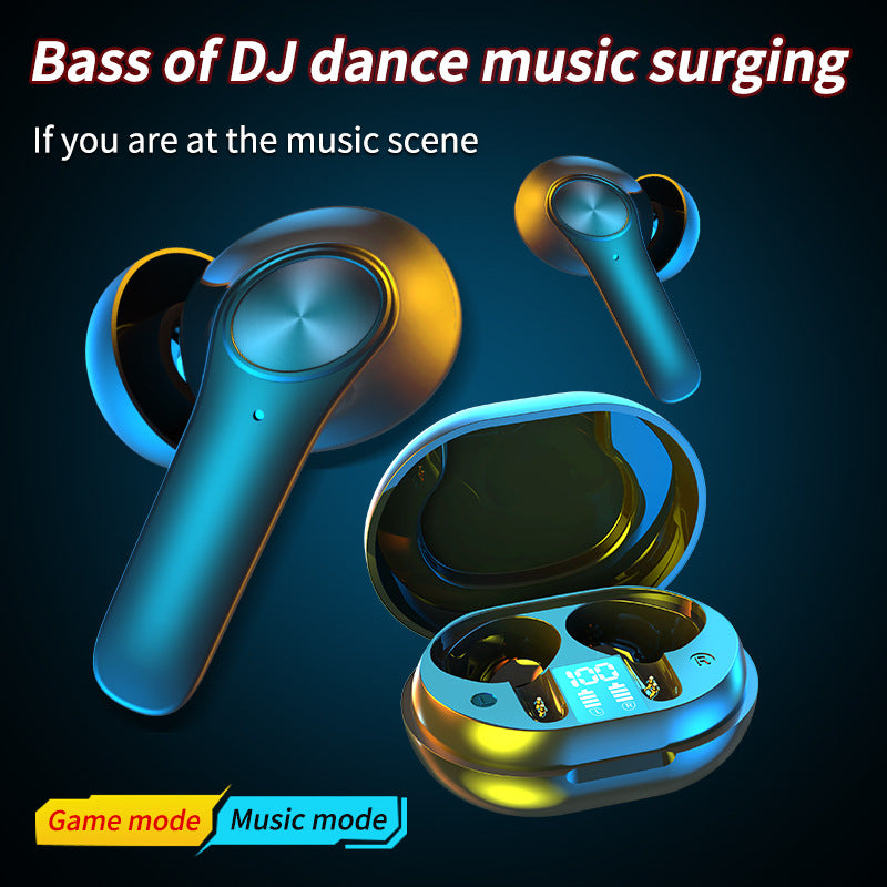 Low Latency Wireless Bluetooth Headset - Wireless earbuds with charging case on a dark background, highlighting music mode and game mode.