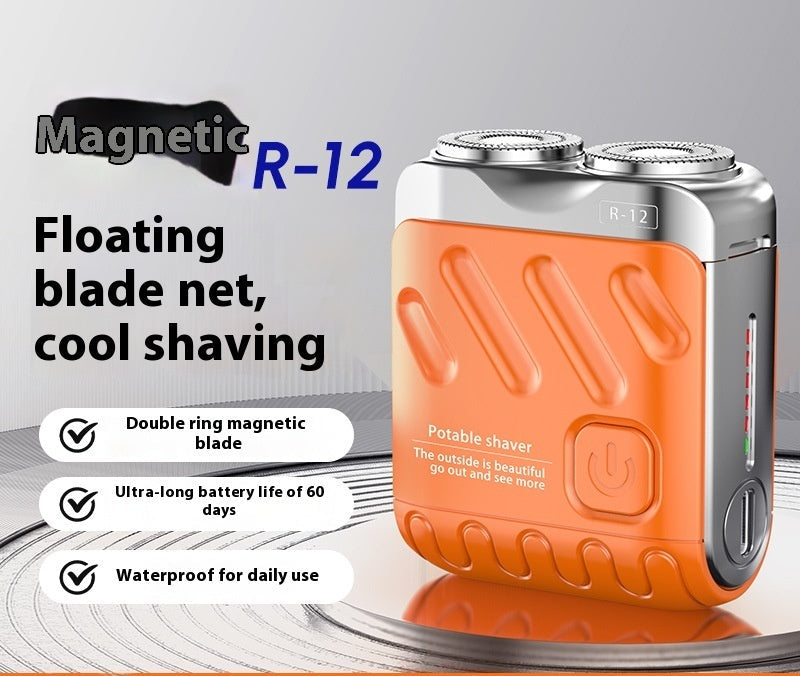 Portable shaver with orange and silver design on a gray background