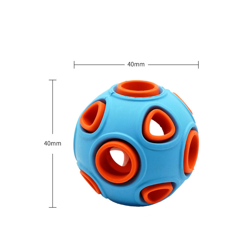 Blue and orange puzzle ball with measurements on a white background