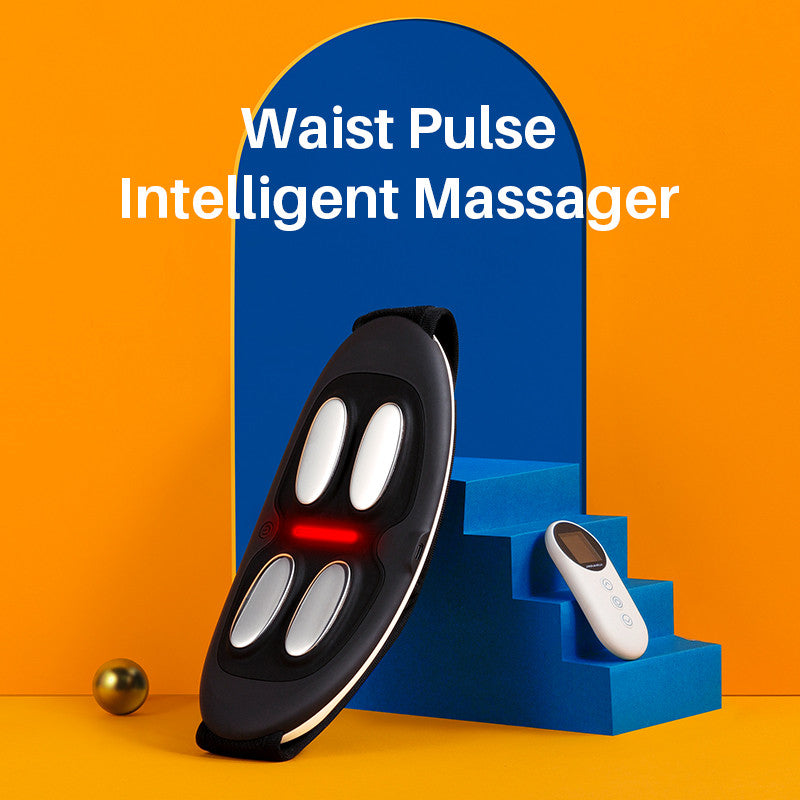 Waist pulse intelligent massager with remote control on a blue stand against an orange background