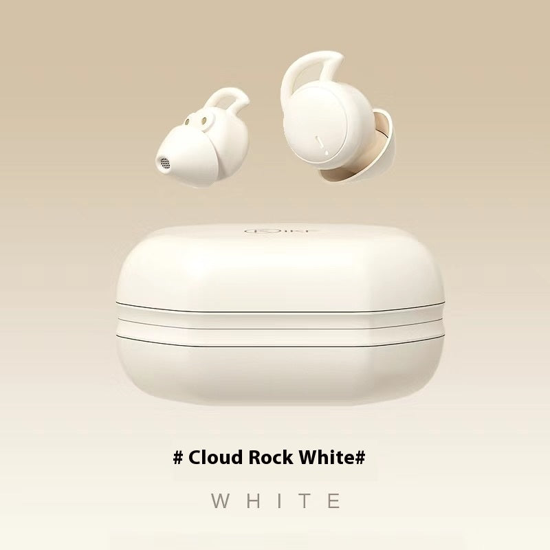 Ultra-Long Battery Bluetooth Sleep Headset - White wireless earbuds with charging case on a beige background