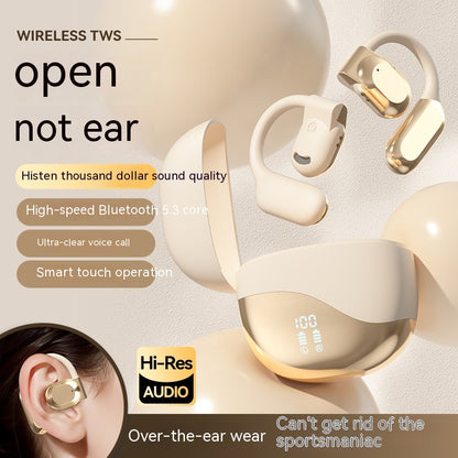 Air Conduction Wireless Ear-Hook Headset - Wireless earbuds with charging case on a light background, featuring text highlighting features.