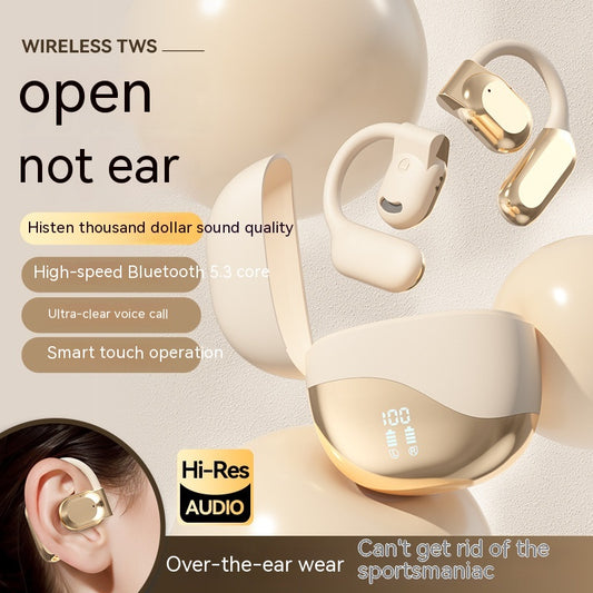 Air Conduction Wireless Ear-Hook Headset - Wireless earbuds with charging case on a light background, featuring text highlighting features.