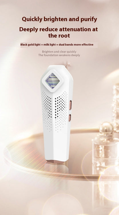 White electronic device on a reflective surface with text about light effects.