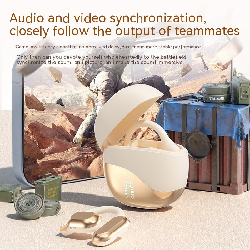 Air Conduction Wireless Ear-Hook Headset - White earbuds with charging case on a desert-themed background with text about audio and video synchronization.
