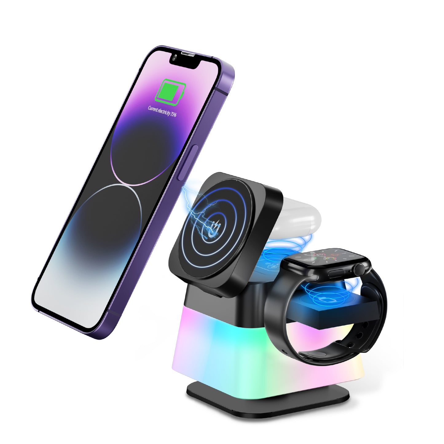 4-in-1 Rotatable Wireless Charging Stand with RGB Lights – Fast Magnetic Charger & Phone Holder for iPhone