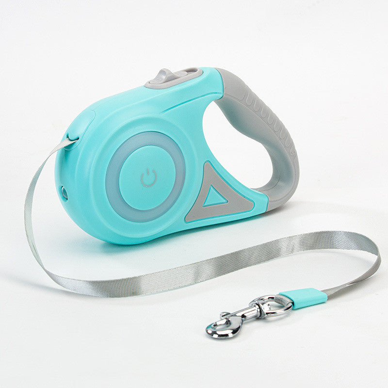 Turquoise retractable dog leash with gray handle on a white background