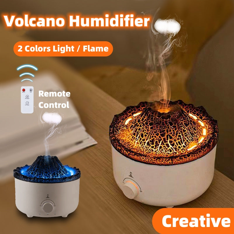 Volcano Flame Humidifier Aroma Diffuser -
Volcano-shaped humidifier with light and flame effects on a wooden surface.