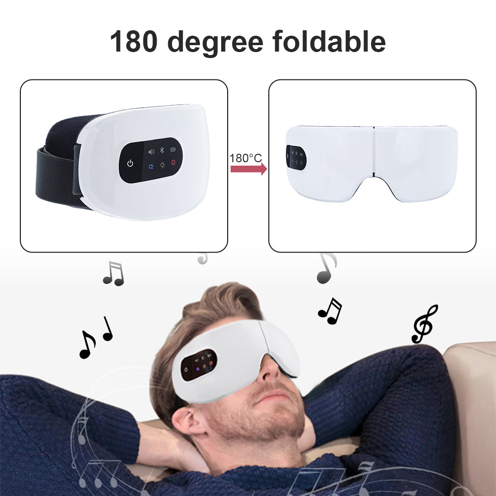 Foldable eye mask with 180-degree folding capability shown on a person wearing it.