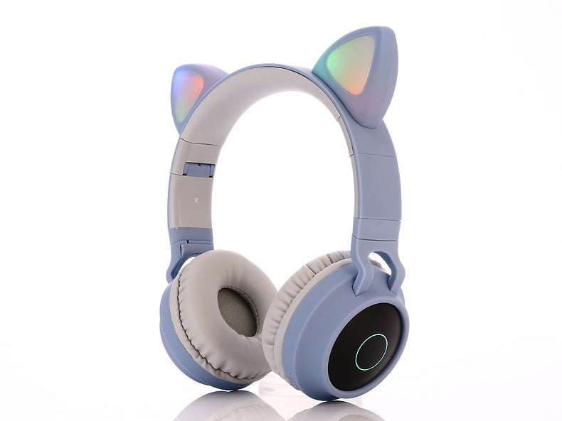 Bluetooth 5.0 Wireless Stereo Headphones - Blue headphones with cat ear design on a white background