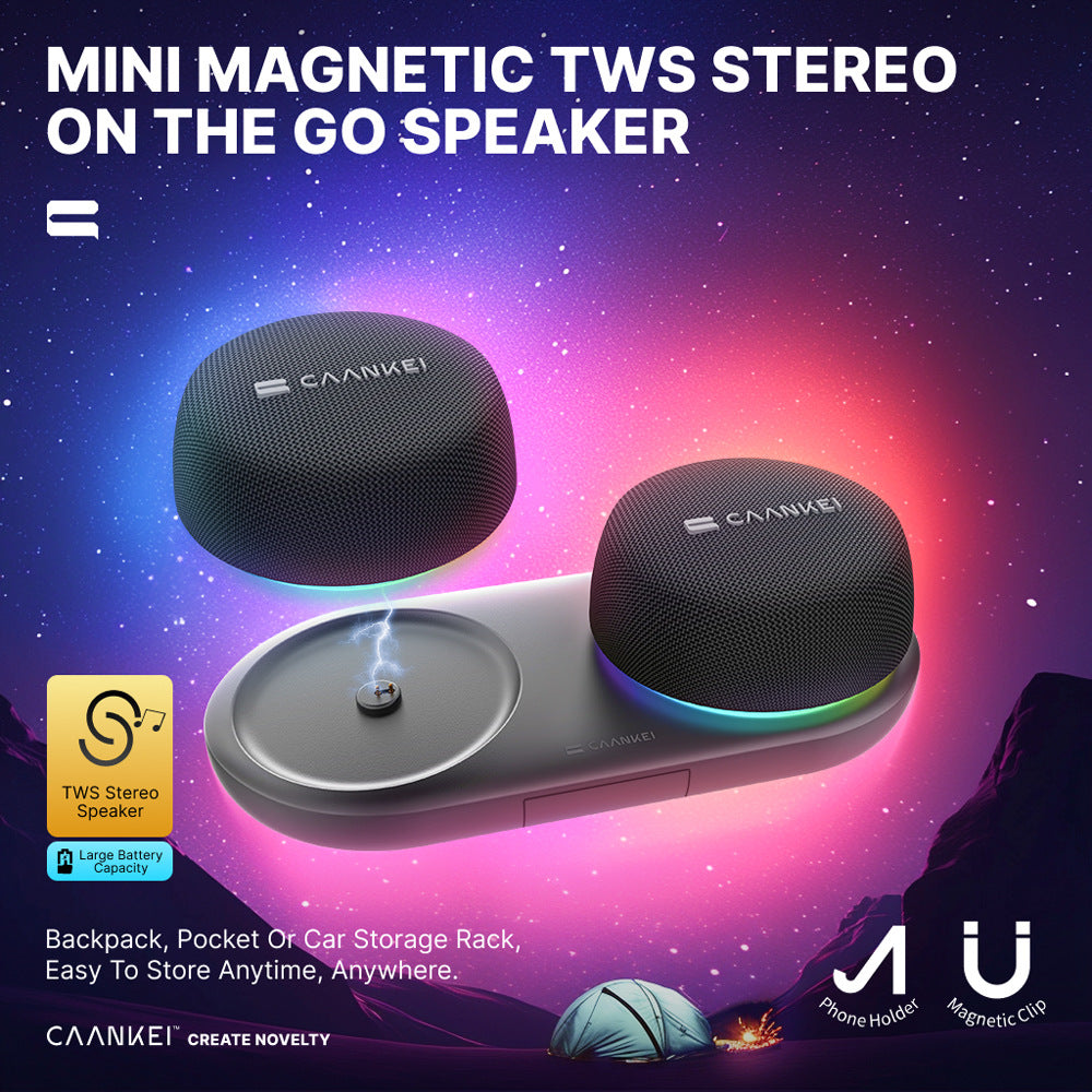 Mini magnetic TWS stereo speaker with colorful light effects on a space-themed background