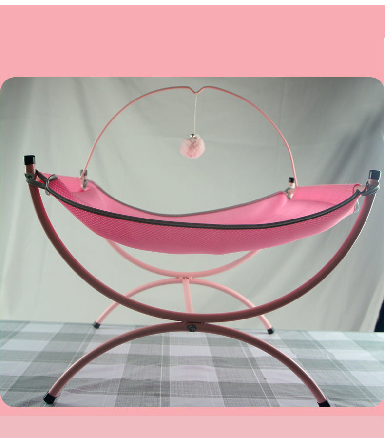 Pink pet hammock with a transparent mesh on a gray background
