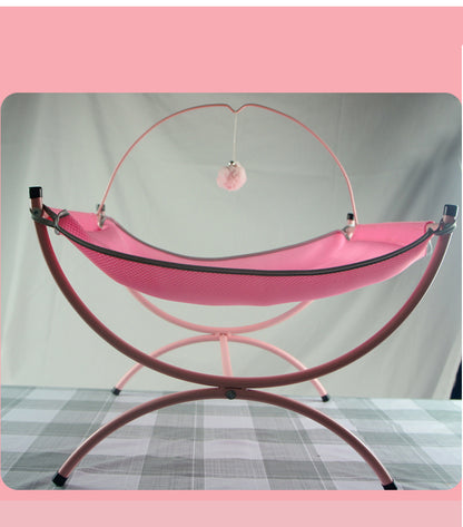 Pink pet hammock with a transparent mesh on a gray background