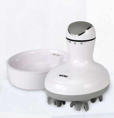 Rechargeable Electric Scalp Head Massager - White handheld device with a bowl on a white background, featuring the brand  Electric Massagers