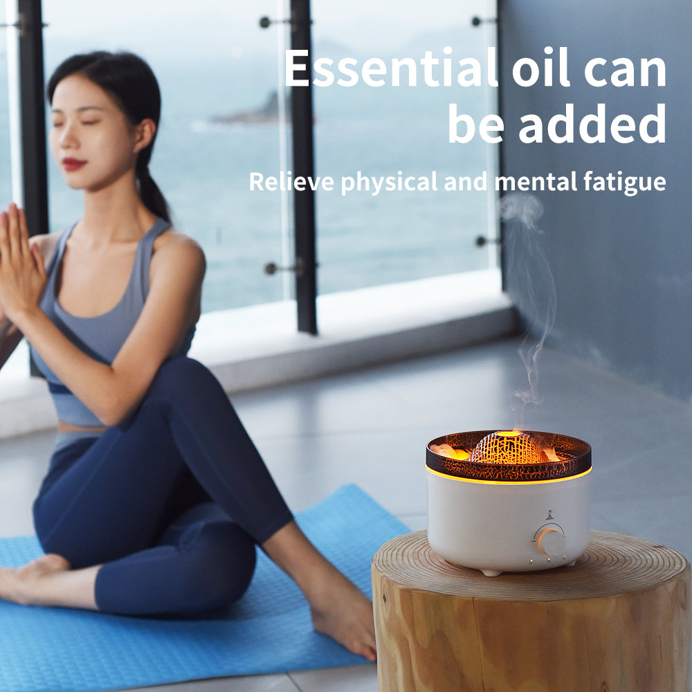 Volcano Flame Humidifier Aroma Diffuser -
Woman practicing yoga with an essential oil diffuser on a wooden stool.