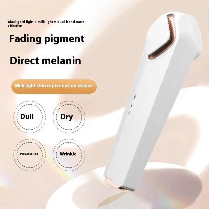 Skin rejuvenation device with text on a beige background