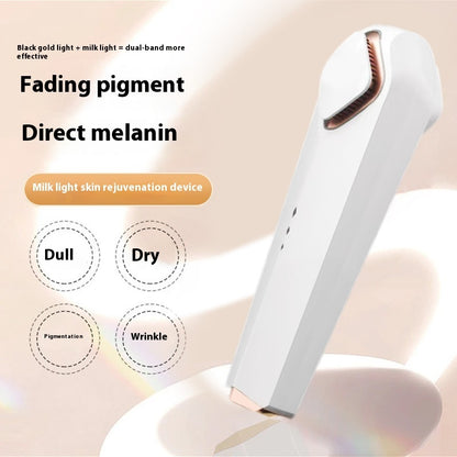 Skin rejuvenation device with text on a beige background