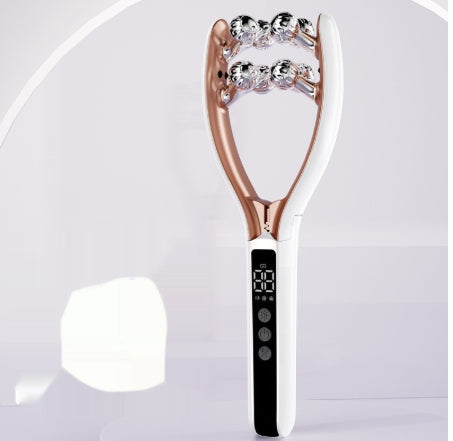 Beauty tool with rose gold design on a white background