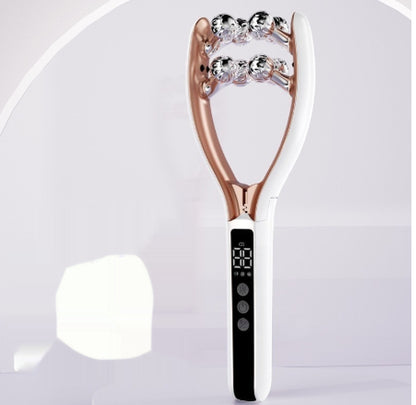 Beauty tool with rose gold design on a white background