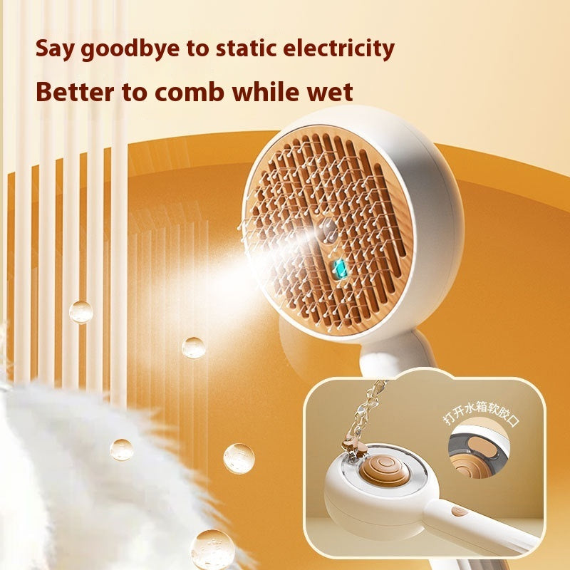 Hair dryer with comb attachment on a beige background, featuring text about static electricity.