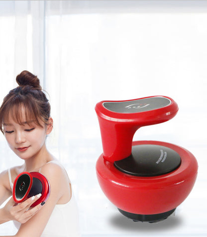 Red handheld massager with a woman holding it on a white background