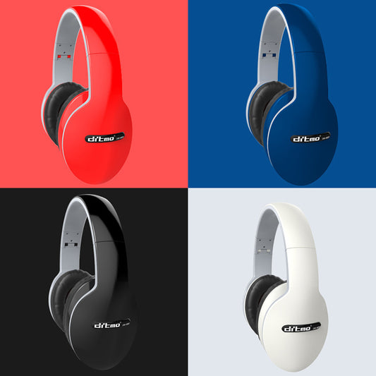 Wired Gaming Sports Headphones Headset - Four pairs of headphones in red, blue, black, and white on a grid with 'dft20' branding.